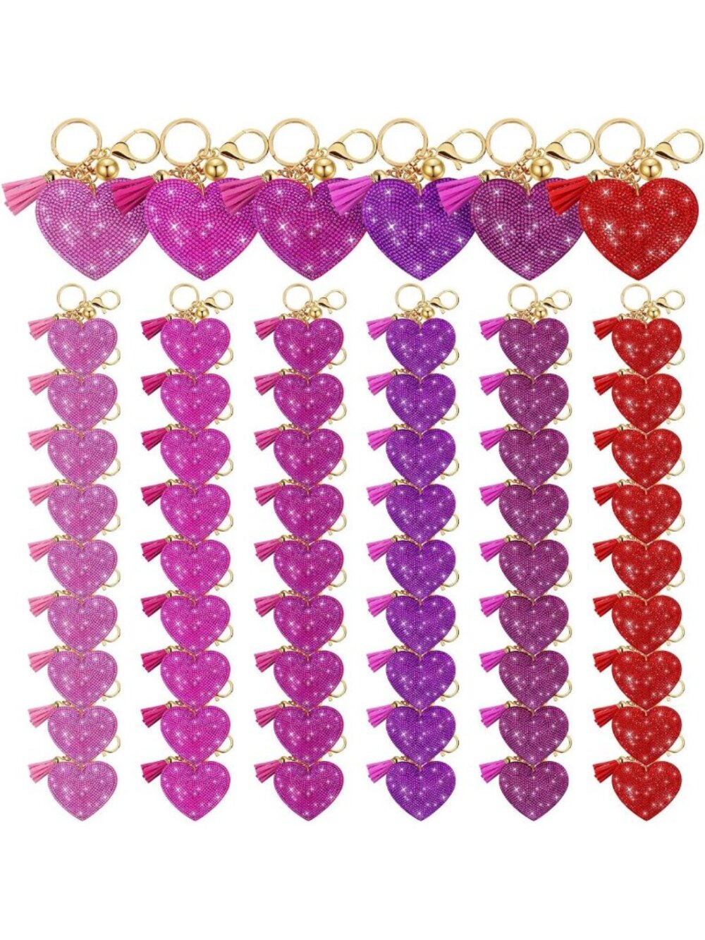 60 Pcs Heart Keychain Set - Rhinestone Glitter Charm with Tassel for Women’s